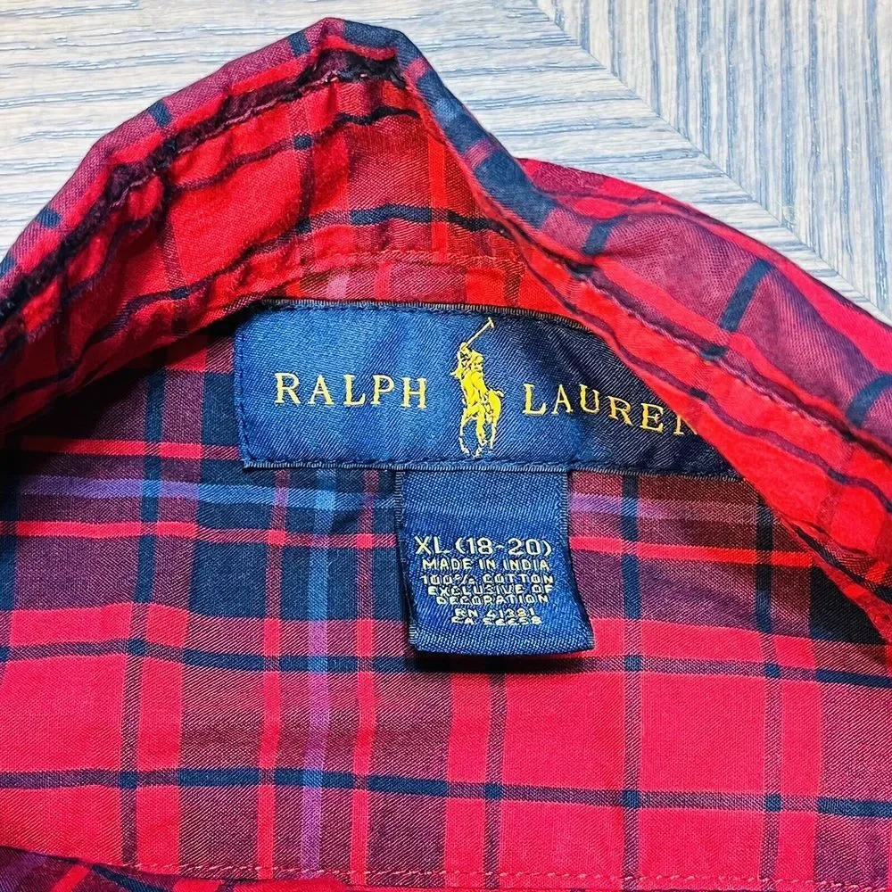 Ralph Lauren Red Blue Plaid Long Sleeve Shirt Small Navy Pony Button Up XL 18 20